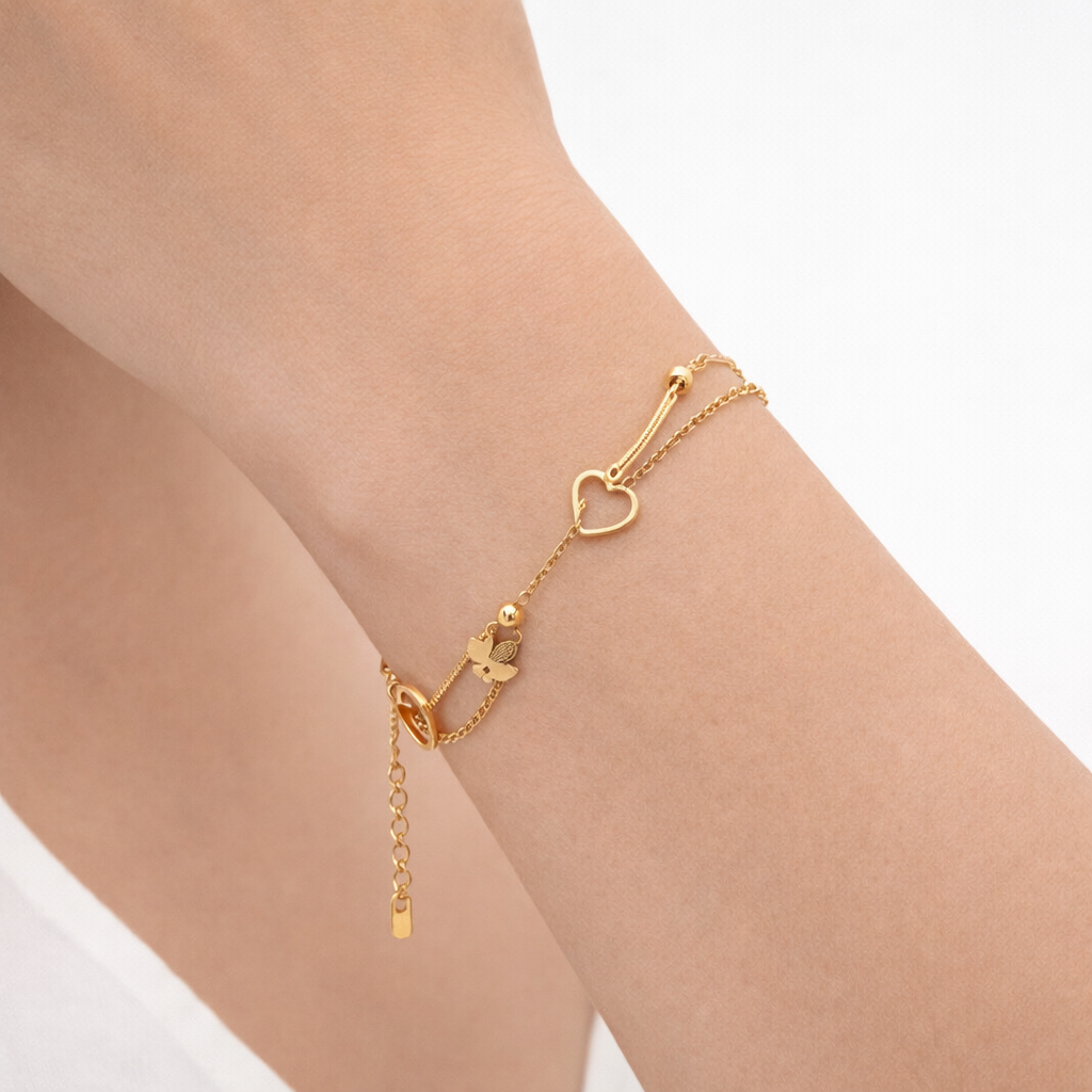 Stainless steel bracelet two layers heart and butterfly design
