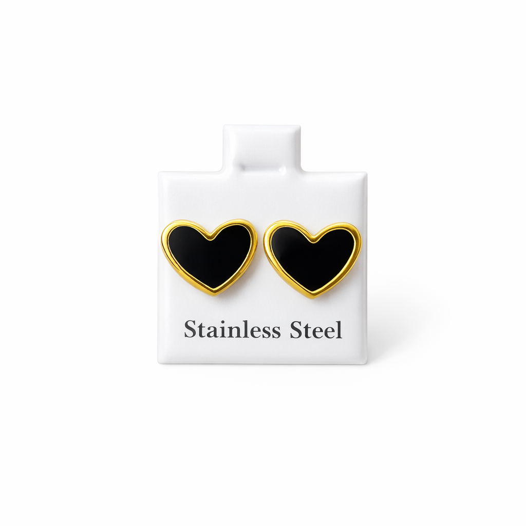 Stainless steel heart-shaped earrings with a gold-tone frame - black
