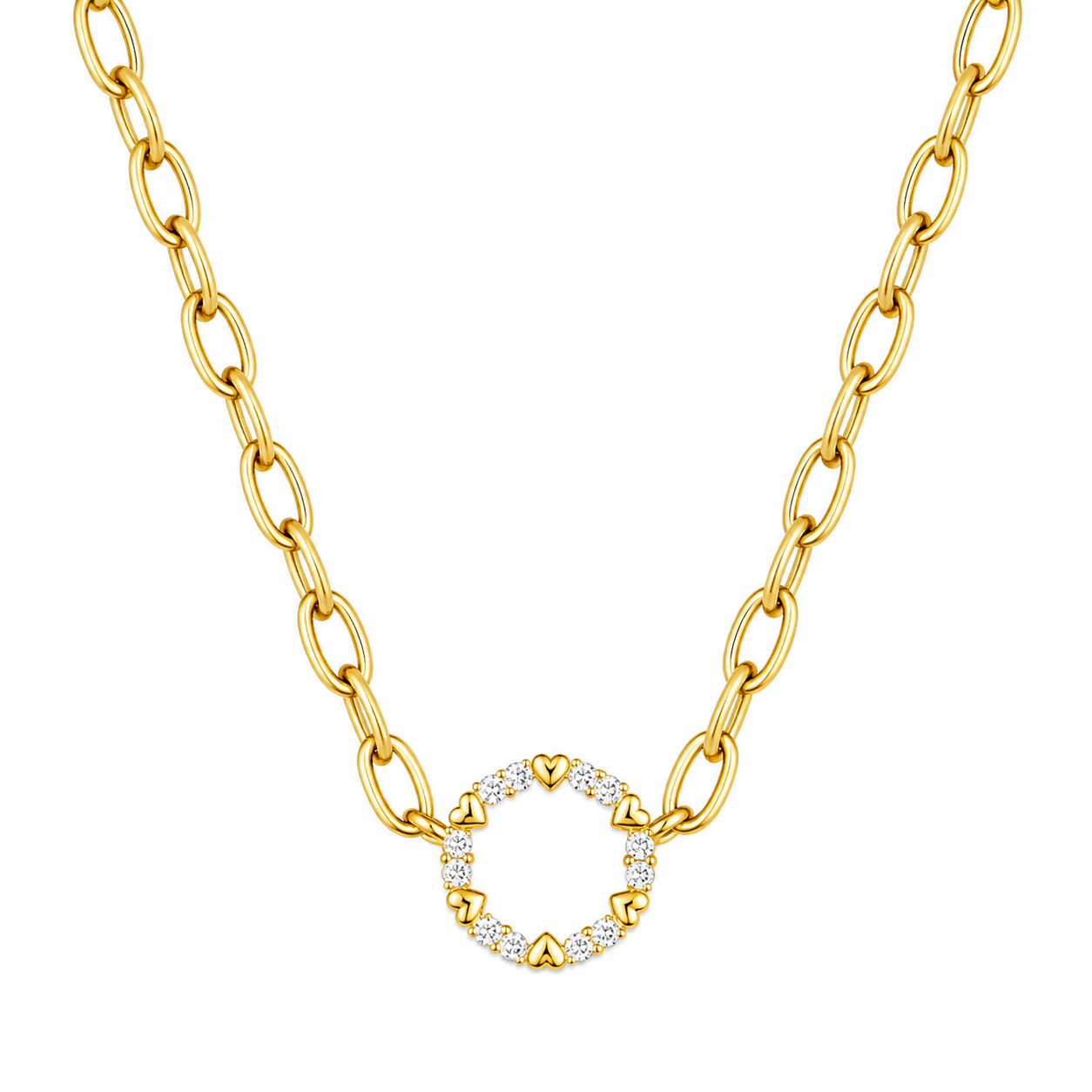 Stainless Steel Circle Necklace with Rhinestones and Hearts